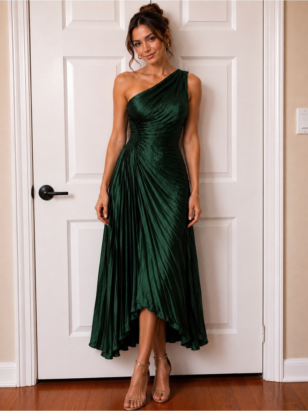 One-Shoulder Dark Green Pleated Evening Dress